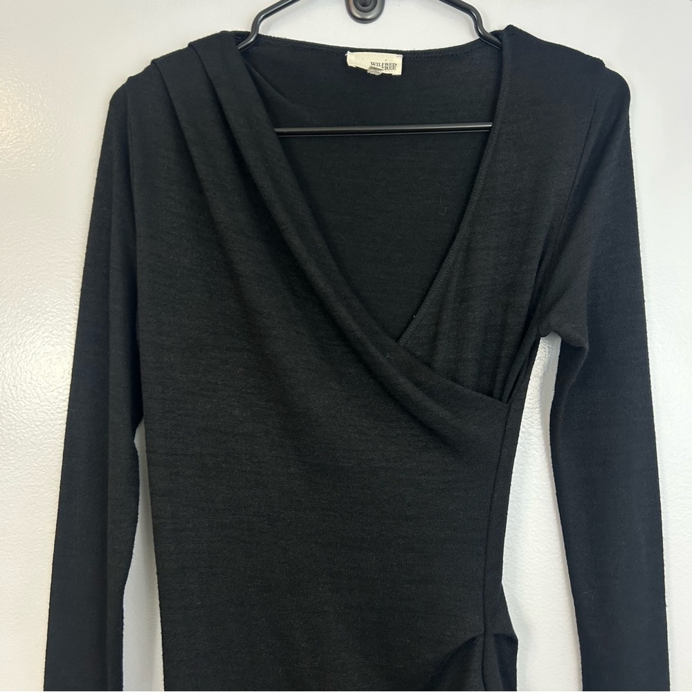 Wilfred Free Aritzia Black Long Sleeve Wrap Ruched Midi Dress Size Small - Picture 3 of 13